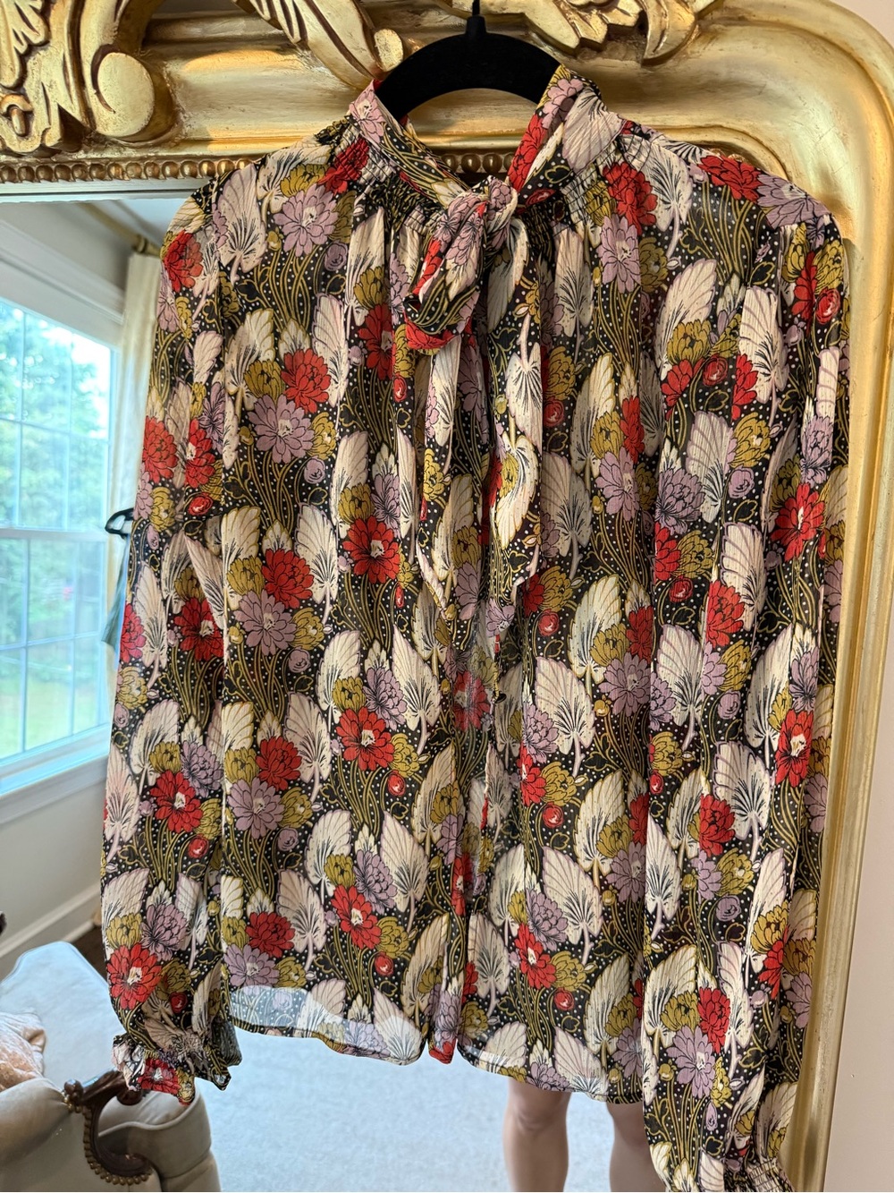 Topshop Floral Tie-Neck Blouse in Red, Lilac & Cream
